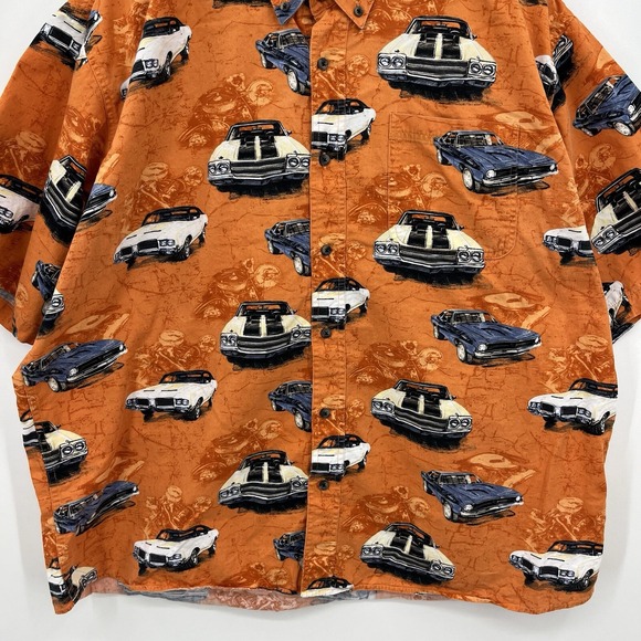 RedHead Short Sleeve Button Shirt Men's 2XL Orange Classic Cars Hawaiian Vtg - Picture 3 of 9